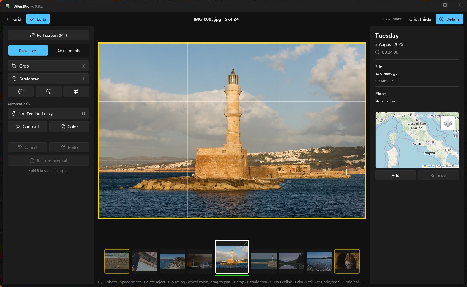 WFastPic editor: edits panel on the left, photo details and mini-map on the right, thumbnail strip below