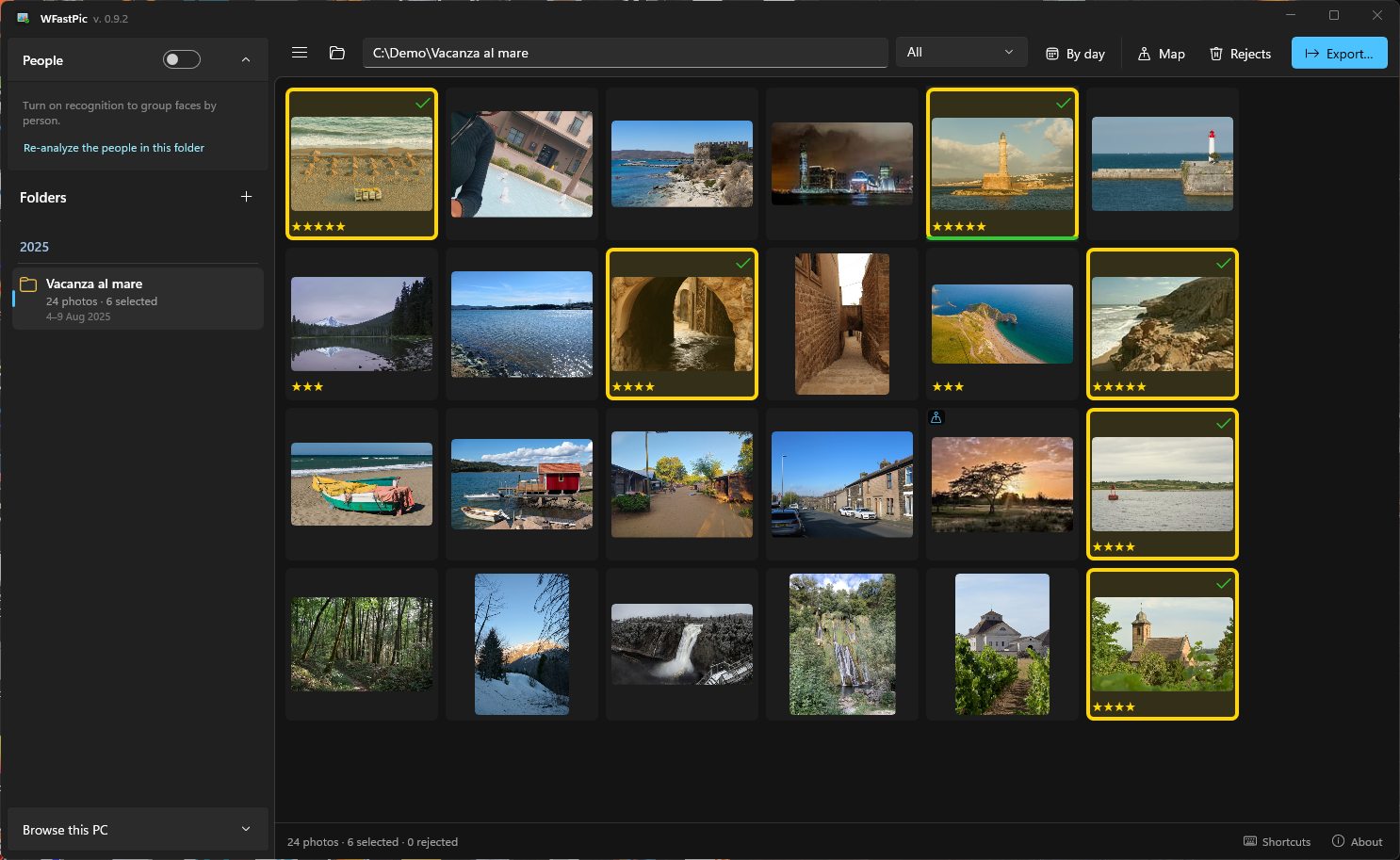 WFastPic grid: selected photos outlined in yellow, star ratings and the folders panel grouped by year